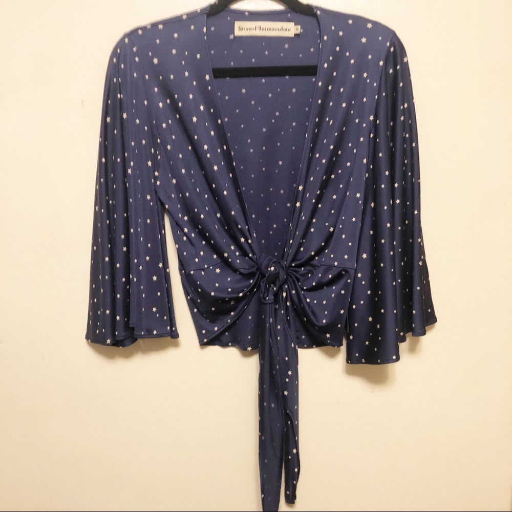 Stoned Immaculate Navy Star Print Tie-Front Crop Top